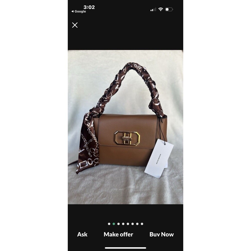 NWT Nicole Miller New York Womens Leather Shoulder Bag Tan Scarf Accent Medium